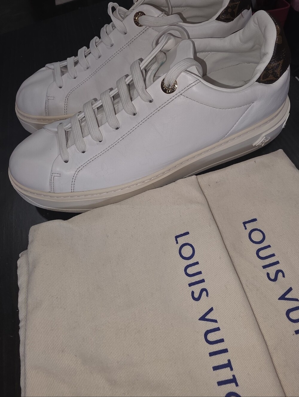 Louis Vuitton White Leather Low-Top Sneakers with Monogram Heel